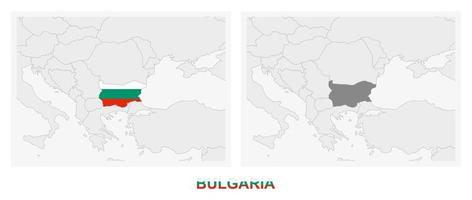 Two versions of the map of Bulgaria, with the flag of Bulgaria and highlighted in dark grey. vector