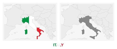 Two versions of the map of Italy, with the flag of Italy and highlighted in dark grey. vector