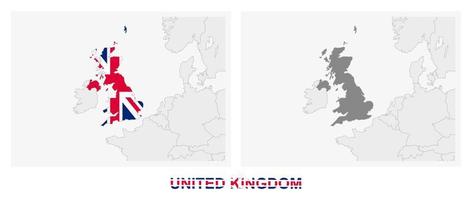 Two versions of the map of United Kingdom, with the flag of United Kingdom and highlighted in dark grey. vector