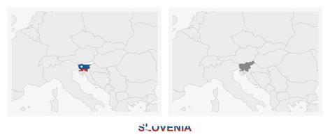 Two versions of the map of Slovenia, with the flag of Slovenia and highlighted in dark grey. vector