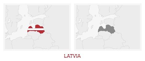 Two versions of the map of Latvia, with the flag of Latvia and highlighted in dark grey. vector