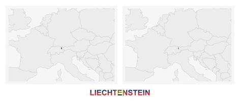 Two versions of the map of Liechtenstein, with the flag of Liechtenstein and highlighted in dark grey. vector