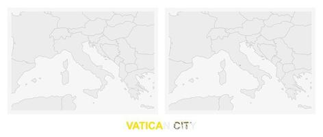 Two versions of the map of Vatican City, with the flag of Vatican City and highlighted in dark grey. vector