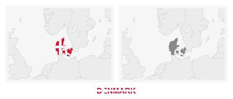 Two versions of the map of Denmark, with the flag of Denmark and highlighted in dark grey. vector