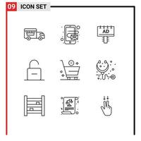 Stock Vector Icon Pack of 9 Line Signs and Symbols for e cart advertising unlock safety Editable Vector Design Elements