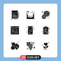 Pack of 9 creative Solid Glyphs of device alert world wide website page Editable Vector Design Elements