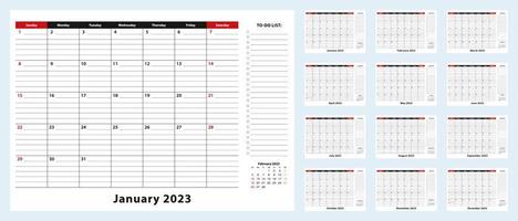 Vector Monthly Desk Pad Calendar, January 2023 - December 2023. Calendar planner with to-do list and place for notes.