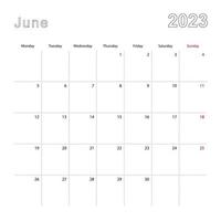 Simple wall calendar for June 2023 with dotted lines. The calendar is in English, week start from Monday. vector