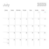 Simple wall calendar for July 2023 with dotted lines. The calendar is in English, week start from Monday. vector