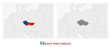 Two versions of the map of Czech Republic, with the flag of Czech Republic and highlighted in dark grey. vector