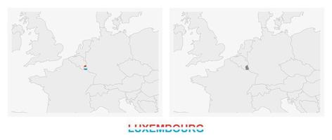 dos versiones del mapa de luxemburgo, con la bandera de luxemburgo y resaltada en gris oscuro. vector