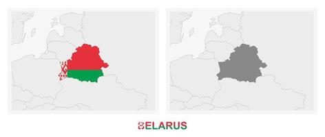 dos versiones del mapa de bielorrusia, con la bandera de bielorrusia y resaltada en gris oscuro. vector