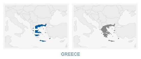 Two versions of the map of Greece, with the flag of Greece and highlighted in dark grey. vector