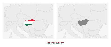 Two versions of the map of Hungary, with the flag of Hungary and highlighted in dark grey. vector