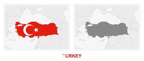 dos versiones del mapa de turquía, con la bandera de turquía y resaltada en gris oscuro. vector