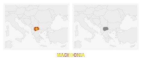 Two versions of the map of Macedonia, with the flag of Macedonia and highlighted in dark grey. vector