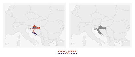 Two versions of the map of Croatia, with the flag of Croatia and highlighted in dark grey. vector