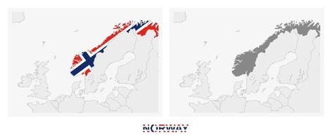 dos versiones del mapa de noruega, con la bandera de noruega y resaltada en gris oscuro. vector