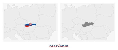 Two versions of the map of Slovakia, with the flag of Slovakia and highlighted in dark grey. vector