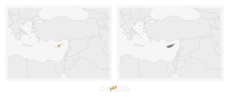 dos versiones del mapa de chipre, con la bandera de chipre y resaltada en gris oscuro. vector