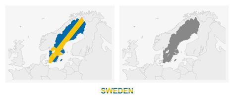 Two versions of the map of Sweden, with the flag of Sweden and highlighted in dark grey. vector