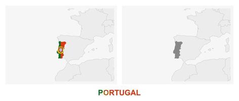 Two versions of the map of Portugal, with the flag of Portugal and highlighted in dark grey. vector