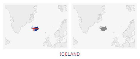 Two versions of the map of Iceland, with the flag of Iceland and highlighted in dark grey. vector