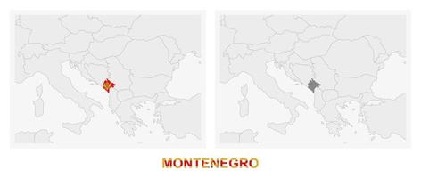 Two versions of the map of Montenegro, with the flag of Montenegro and highlighted in dark grey. vector