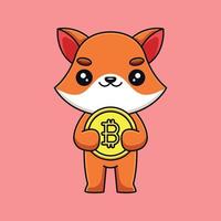 lindo zorro sosteniendo bitcoin caricatura mascota garabato arte dibujado a mano esquema concepto vector kawaii icono ilustración