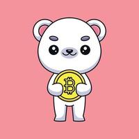 lindo oso polar sosteniendo bitcoin caricatura mascota garabato arte dibujado a mano esquema concepto vector kawaii icono ilustración