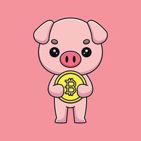 lindo cerdo sosteniendo bitcoin caricatura mascota garabato arte dibujado a mano esquema concepto vector kawaii icono ilustración