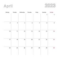 Simple wall calendar for April 2023 with dotted lines. The calendar is in English, week start from Monday. vector