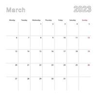 Simple wall calendar for March 2023 with dotted lines. The calendar is in English, week start from Monday. vector