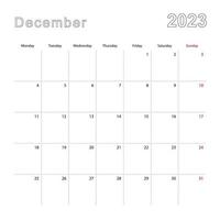 Simple wall calendar for December 2023 with dotted lines. The calendar is in English, week start from Monday. vector