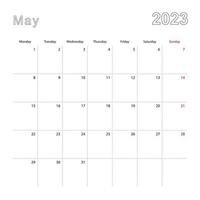 calendario de pared simple para mayo de 2023 con líneas punteadas. el calendario está en inglés, la semana comienza el lunes. vector