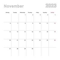 Simple wall calendar for November 2023 with dotted lines. The calendar is in English, week start from Monday. vector