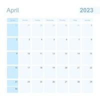 2023 April wall planner in blue color, week starts on Sunday. vector