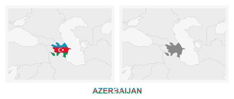 Two versions of the map of Azerbaijan, with the flag of Azerbaijan and highlighted in dark grey. vector