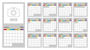 Calendar 2023 colorful design, set of 12 vector wall planner calendar pages on gray background. Week starts on Sunday.