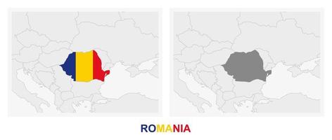 dos versiones del mapa de rumania, con la bandera de rumania y resaltada en gris oscuro. vector