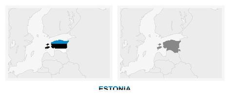 Two versions of the map of Estonia, with the flag of Estonia and highlighted in dark grey. vector