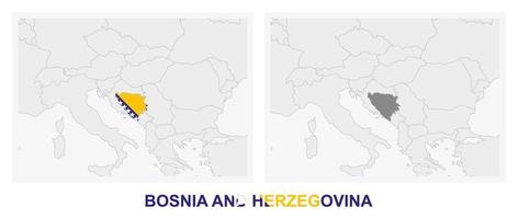Two versions of the map of Bosnia and Herzegovina, with the flag of Bosnia and Herzegovina and highlighted in dark grey. vector