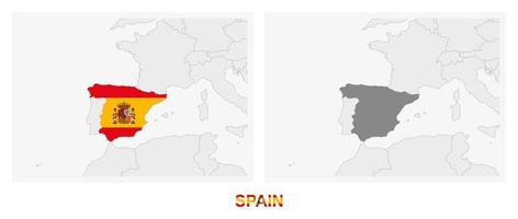 Two versions of the map of Spain, with the flag of Spain and highlighted in dark grey. vector