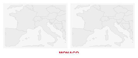 dos versiones del mapa de monaco, con la bandera de monaco y resaltada en gris oscuro. vector