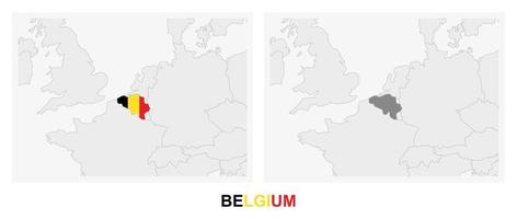 Two versions of the map of Belgium, with the flag of Belgium and highlighted in dark grey. vector