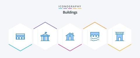 paquete de 25 iconos azules de edificios, incluido el histórico. puente. Corte. casa. entrada vector