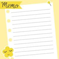 Cute paper memo template. Notes, memo and to do lists used in a diary, home or office. vector