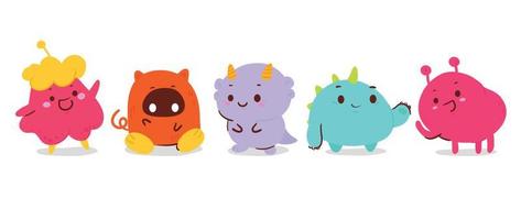 Cute and Kawaii monster kids icon set. Collection of cute cartoon monsters in different joyful characters. Funny devil, alien, demon and creature flat vector design for comic, education, presentation.