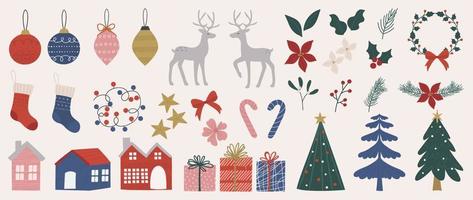 Set of decorative christmas element vector illustration. Collection of christmas tree, reindeer, bauble ball, socks, present, house, flower. Design for sticker, card, poster, invitation, greeting.