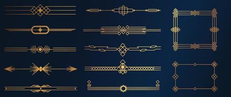 Collection of geometric art deco ornament. Luxury golden decorative elements with different lines, frames, headers, dividers and borders. Set of elegant design suitable for card, invitation, poster. vector